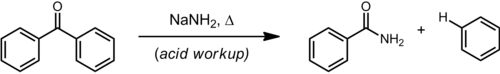 The Haller–Bauer reaction occurs between a non-enolizable ketone and a strong amide base. In this prototypical example involving benzophenone, the tetrahedral intermediate expels phenyl anion to give benzamide and benzene as the organic products.