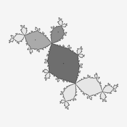 Attracting period-3 cycle and its immediate basin of attraction for a certain parametrization of the Julia set, which iterates the function f(z) = z2 + c. The three darkest points are the points of the 3-cycle, which lead to each other in sequence, and iteration from any point in the basin of attraction leads to (usually asymptotic) convergence to this sequence of three points.