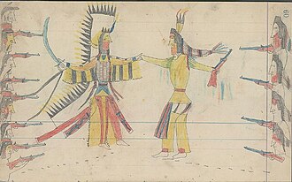 1880 Ledger drawing of a Cheyenne war chief and warriors (left) coming to a truce with a Crow war chief and warriors (right)