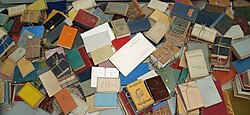 Copies of books which were burned by the Nazis, on display at Yad Vashem