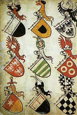The German Hyghalmen Roll was made in the late 15th century and illustrates the German practice of repeating themes from the arms in the crest (Roll of arms).