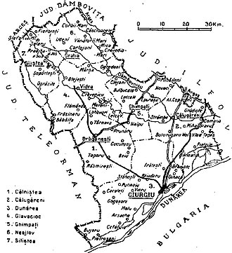 Map of Vlașca County as constituted in 1938.