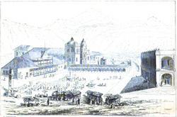 Quetzaltenango's central park and cathedral in 1840, sketched by Frederick Catherwood
