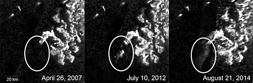 Titan: evolving feature in Ligeia Mare (August 21, 2014)