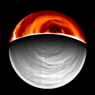 The daylight side shown in visible light and the night side in infrared, September 2008
