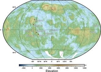 Position of Vega landing sites. Red points denote sites returning images from the surface, black central dots sites of surface sample analysis. Map based on mapping from Pioneer Venus Orbiter, Magellan, and Venera 15/16.