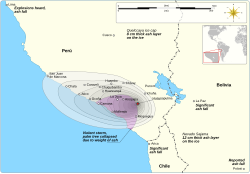 Tephra fell mostly west of Huaynaputina and was observed in many cities of the wider region