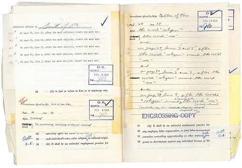 Engrossing copy of H.R. 7152, which added sex to the categories of persons against whom the bill prohibited discrimination, as passed by the House of Representatives[44]