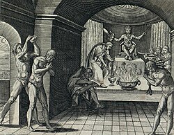 An imaginative European depiction of an Aztec shrine. The idol of Huitzilopochtli is seated in the background. (1602)
