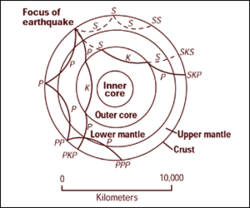 Cross-section of the Earth, showing the paths of earthquake waves. The paths curve because the different rock types found at different depths change the waves' speed. S waves do not travel through the core