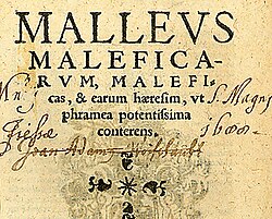 Title page of the seventh Cologne edition of the Malleus Maleficarum, 1520 (from the University of Sydney Library), a book endorsing the extermination of witches