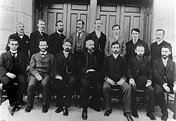 Faculty of the "Psychological" department in 1893 includes Franz Boas (seated, second from left) and president G. Stanley Hall (seated, middle). Edmund Sanford is seated to the right of Hall.