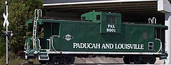 A refurbished railcar from the Paducah and Louisville Railroad along the Muhlenberg County Rail Trail