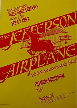 Jefferson Airplane Fillmore poster, February 1966. This was the first non-benefit concert held at the venue.[36]