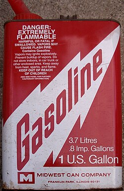 A one US gallon gas can purchased near the US-Canada border showing equivalences in imperial gallons and litres