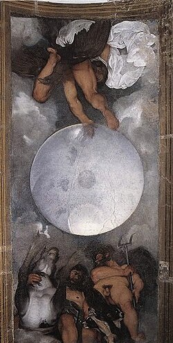 Jupiter, Neptune, and Pluto, ceiling mural (ca. 1597) created by Caravaggio for a room adjacent to the alchemical distillery of Cardinal Francesco Maria Del Monte: hovering around a translucent globe that represents the world are Jupiter with his eagle, Neptune holding a bident, and Pluto with a horse and Cerberus[41]