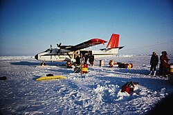 On the sea ice of the Arctic Ocean temporary logistic stations may be installed. Here, a Twin Otter is refueled on the pack ice at 86°N, 76°43‘W. on April 16, 1990 during a flight to the North Pole