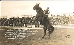 Fannie Sperry Steele, Champion lady bucking horse rider, Winnipeg Stampede, 1913