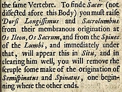 William Molins' Myskotomia (1648), showing the term in situ in an anatomical context.[b] The Oxford English Dictionary cites this as the earliest known use of the phrase in English.[1]