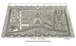 Sketch of an unrolled Bota de Campana, also known as Bota Vaquera, showing the intricate designs (1828).