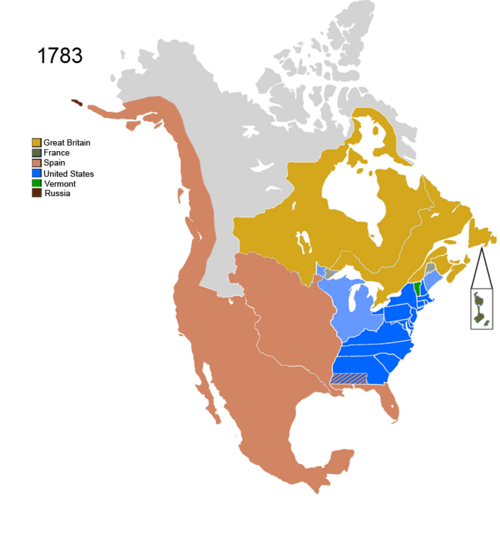 North America after the Treaty of Paris. The United States (blue) was bordered by the British Empire (yellow) to the north and New Spain (brown) to the south and west.