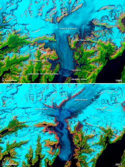 Landsat-5 false color images of the Columbia Glacier, Alaska in 1986 and 2011