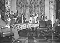 Actors recreating the first meeting of the Los Angeles Common Council in 1948.