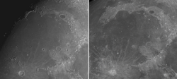Mare Imbrium from Earth, imaged with an 8" untracked Dobsonian. The left panel emphasizes wrinkle ridges, craters, and mountain rings with the terminator closer. The right panel highlights albedo patterns and ray markings under a higher sun.