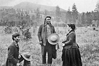 An 1889 photograph of Joseph speaking to ethnologist Alice Cunningham Fletcher and her interpreter James Stuart