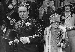 Hitchcock and Reville on their wedding day, Brompton Oratory, 2 December 1926