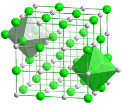 The structure of sodium chloride, revealing the tendency of chloride ions (green spheres) to link to several cations.