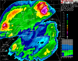 Twenty-four-hour rainfall accumulation on the Val d'Irène radar in Eastern Canada. Zones without data in the east and southwest are caused by beam blocking from mountains (source: Environment Canada).