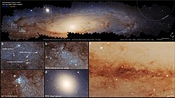 Largest Mosaic of Andromeda by Hubble with details: (a) Clusters of bright blue stars embedded within the galaxy, background galaxies seen much farther away, and photo-bombing by a couple bright foreground stars that are actually inside our Milky Way; (b) NGC 206 the most conspicuous star cloud in Andromeda; (c) A young cluster of blue newborn stars; (d) The satellite galaxy M32, that may be the residual core of a galaxy that once collided with Andromeda; (e) Dark dust lanes across myriad stars.[144]