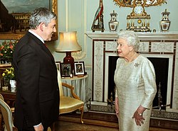 HM Queen Elizabeth II and her prime minister Gordon Brown, the head of Her Majesty's Government (2010)