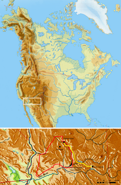 The former territory of the Yavapai. The yellow line shows the forced march to the San Carlos Apache Reservation.
