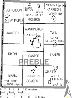 Map of Preble County, Ohio With Municipal and Township Labels