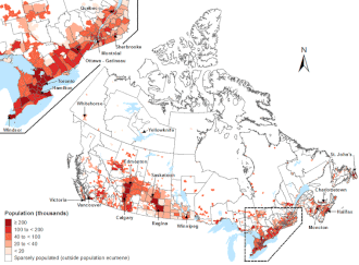 Canada population density map (2014)Top left: The Quebec City–Windsor Corridor is the most densely inhabited and heavily industrialized region.[276]