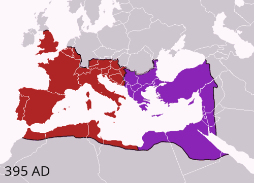 Map of the Western and Eastern Roman Empire at the death of the last emperor to rule both halves.[89]
