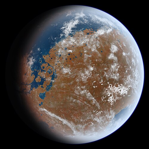 An artist's impression of ancient Mars and its oceans based on geological data