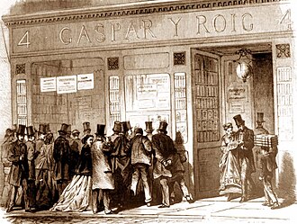 The Spanish publisher Gaspar y Roig's bookshop in 19th-century Madrid, when El Museo Universal is displayed in its shop window.