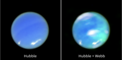 Left: a visible light image of Neptune taken by the Hubble Space Telescope.Right: the Hubble image composited with a near-infrared image taken by the James Webb Telescope. As the aurorae cannot be observed in the visible band, their image in near-infrared has been rendered as shades of cyan.