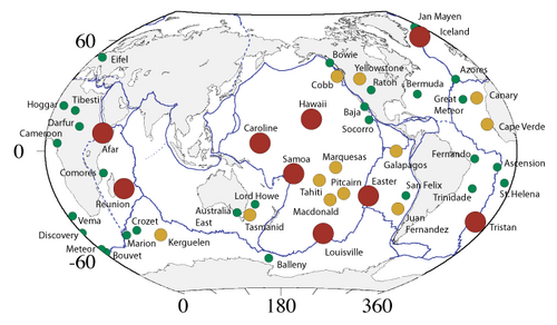 An example of plume locations suggested by one recent group.[39] Figure from Foulger (2010).[4]