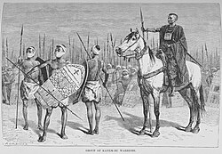 Nigerian warriors armed with spears in the retinue of a mounted war chief. The Earth and Its Inhabitants, 1892