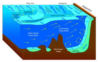 A schematic of Antarctic currents. Movement of surface water away from the continent pulls water up from depth.