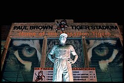 Statue of professional football player, coach, and team owner Paul Brown in front of Paul Brown Tiger Stadium