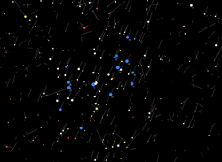 Stars of Pleiades with color and 10,000-year backward proper motion shown