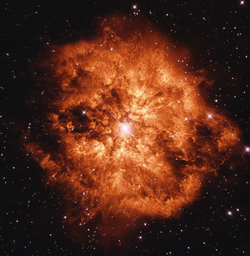 The nebula M1-67 around Wolf–Rayet star WR 124 is the remnants of a stellar explosion, which is currently observed as six light years across[2]