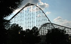 Dorney Park & Wildwater Kingdom's Steel Force and Thunderhawk roller coasters in Allentown; Steel Force is the eighth-longest steel roller coaster in the world with a first drop of 205 feet (62 m) and a top speed of 75 miles per hour (121 km/h).[219]