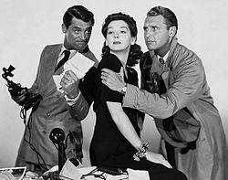 Cary Grant, Rosalind Russell and Bellamy in a publicity shot for His Girl Friday (1940)