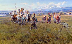 Lewis and Clark Expedition (1918) by Charles Marion Russell. Lewis and Clark reach the Shoshone camp led by Sacagawea.